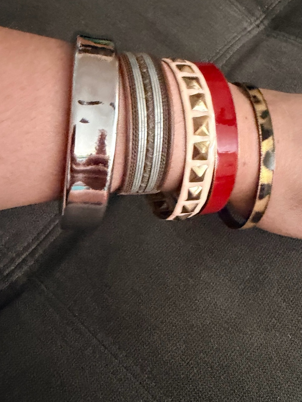 Mixed Metal and Red Women's Bangle Bracelet Set of 5